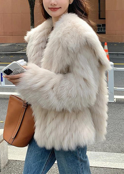 Stylish Apricot Peter Pan Collar Leather And Fur Coats Spring YY015