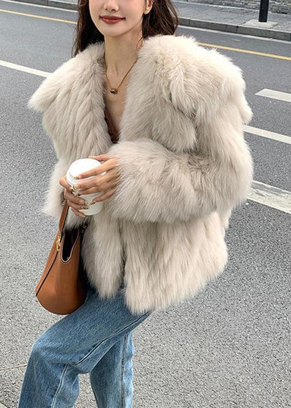 Stylish Apricot Peter Pan Collar Leather And Fur Coats Spring YY015