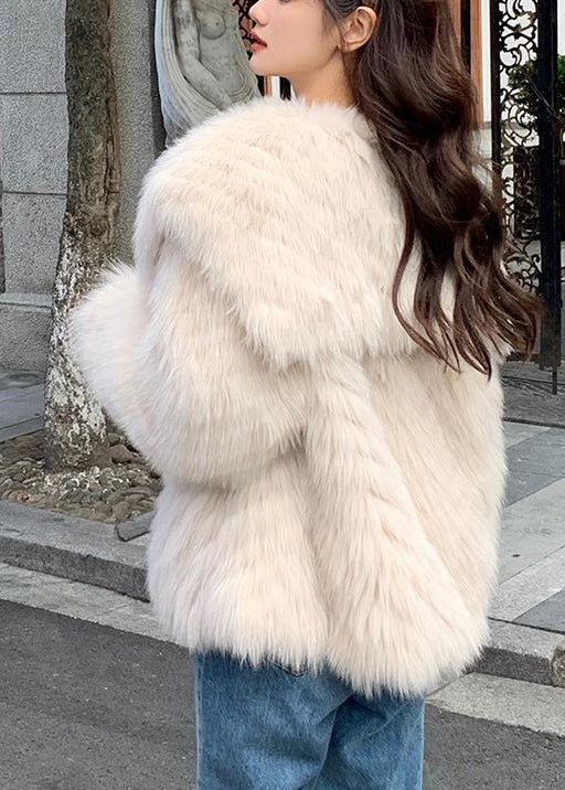 Stylish Apricot Peter Pan Collar Leather And Fur Coats Spring YY015