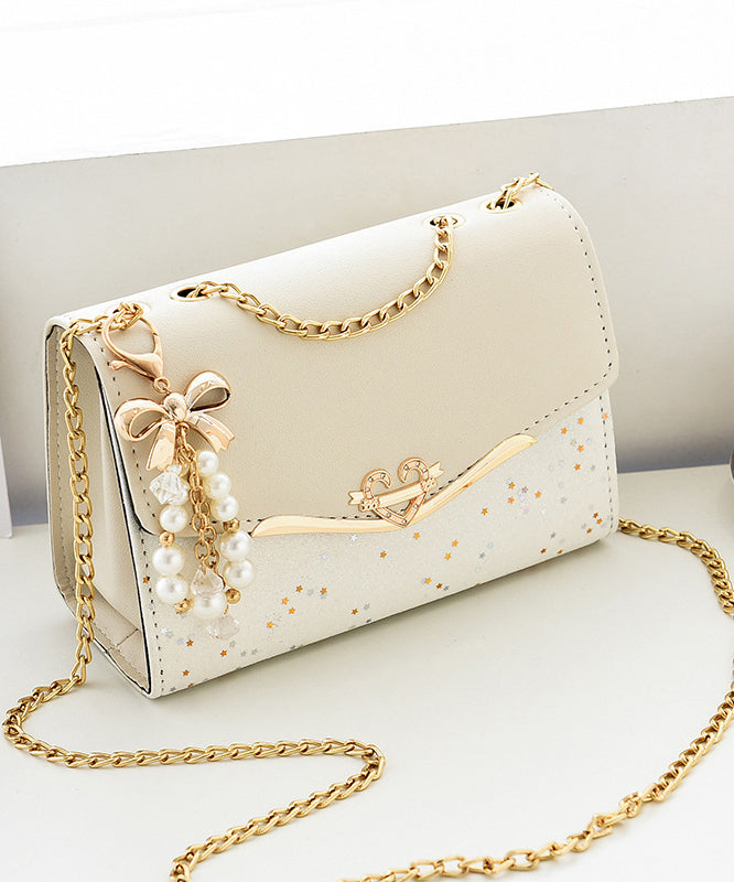 Stylish Bag Flap Faux Beige Leather Chain Linked