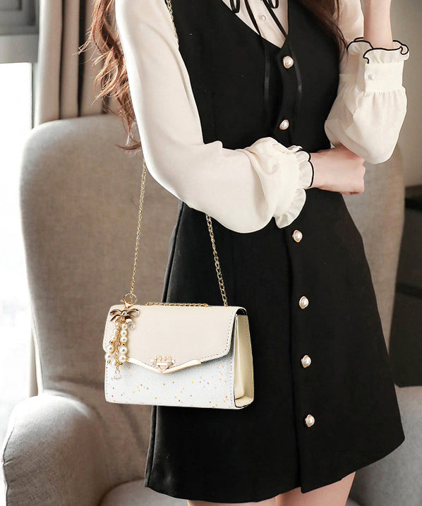 Stylish Bag Flap Faux Beige Leather Chain Linked