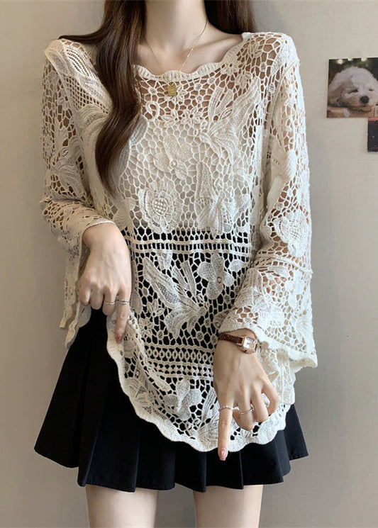 Tops Summer Out Lace Stylish Knit Beige Hollow