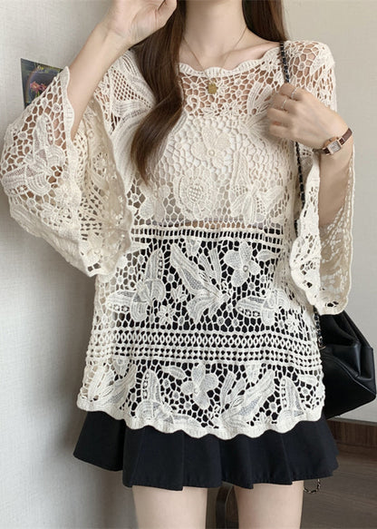Tops Summer Out Lace Stylish Knit Beige Hollow