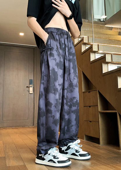 Stylish Beige Pockets Tie Dye Chinese Button Ice Silk Men Pants Summer YT050