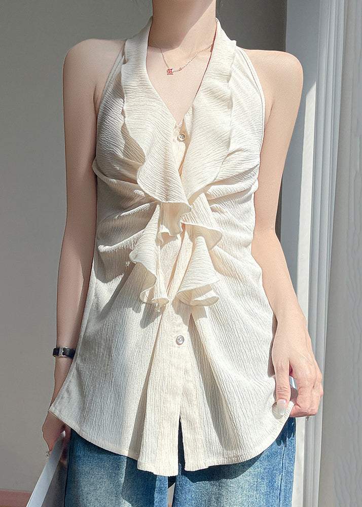 Button Sleeveless Beige Ruffled Shirts Stylish Cotton