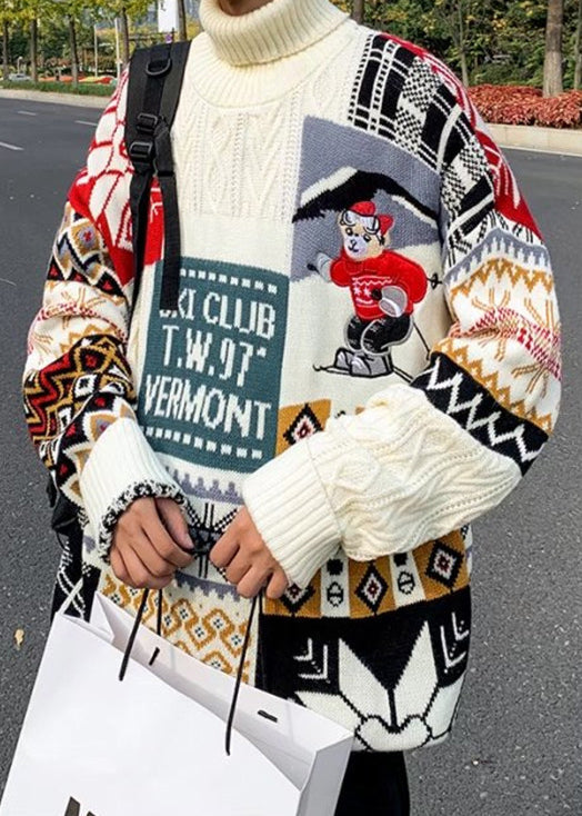 Stylish Beige Turtleneck Patchwork Warm Fleece Men Sweaters Winte RJ050