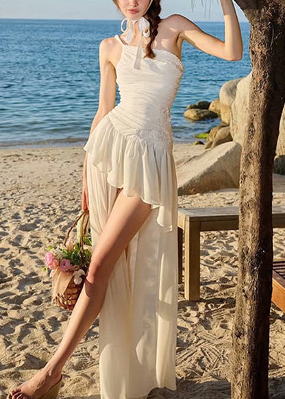 Chiffon Low Design Spaghetti High Strap Beige Stylish Wrinkled