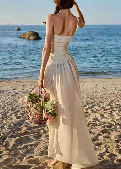 Chiffon Low Design Spaghetti High Strap Beige Stylish Wrinkled