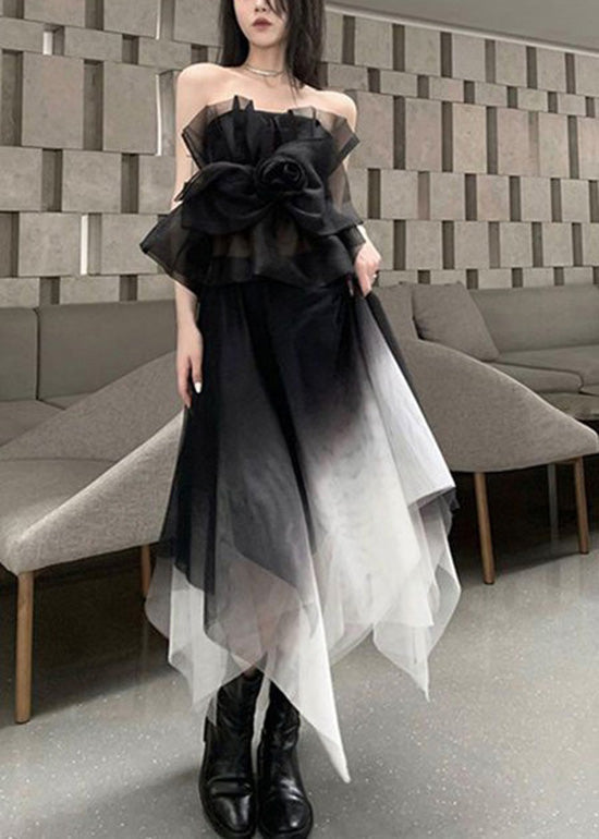 Stylish Black Asymmetrical Patchwork Tulle 2 Piece Outfit Summer XX025