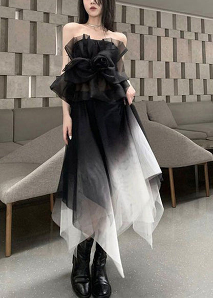 Stylish Black Asymmetrical Patchwork Tulle 2 Piece Outfit Summer XX025