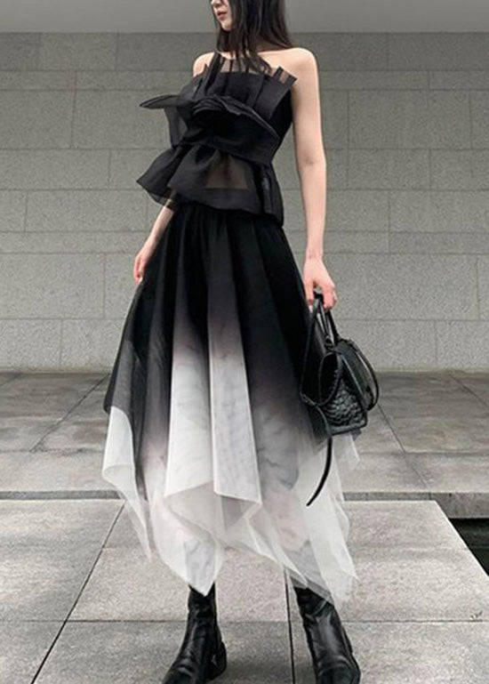 Stylish Black Asymmetrical Patchwork Tulle 2 Piece Outfit Summer XX025