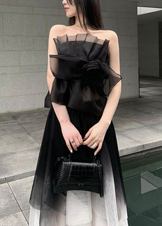 Stylish Black Asymmetrical Patchwork Tulle 2 Piece Outfit Summer XX025