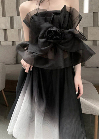 Stylish Black Asymmetrical Patchwork Tulle 2 Piece Outfit Summer XX025