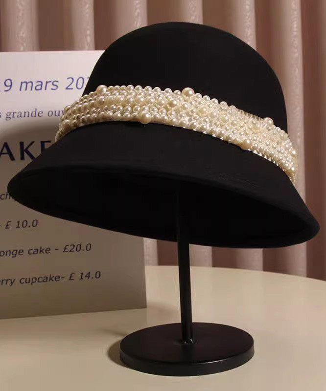 Woolen Black Bucket Handmade Stylish Bead Hat Nail