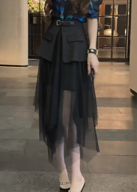 Skirt Black Patchwork Waist Summer Stylish Tulle High