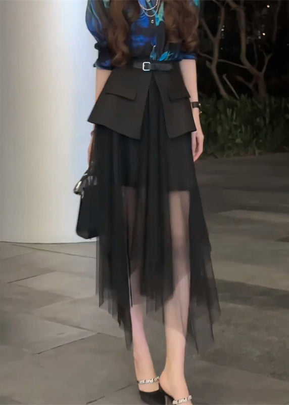 Skirt Black Patchwork Waist Summer Stylish Tulle High