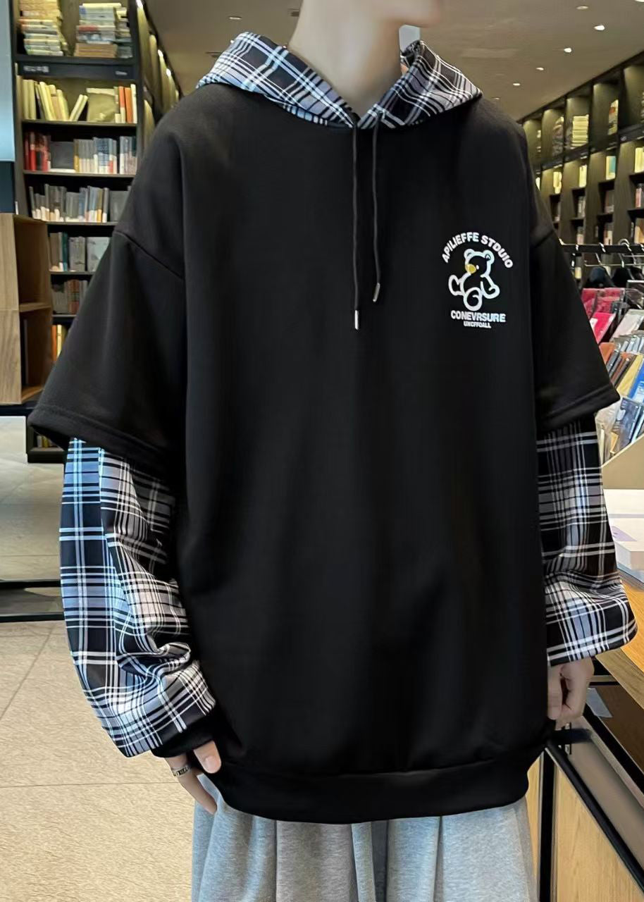 Spring Sweatshirts Patchwork Hooded Stylish Mens Cotton Black