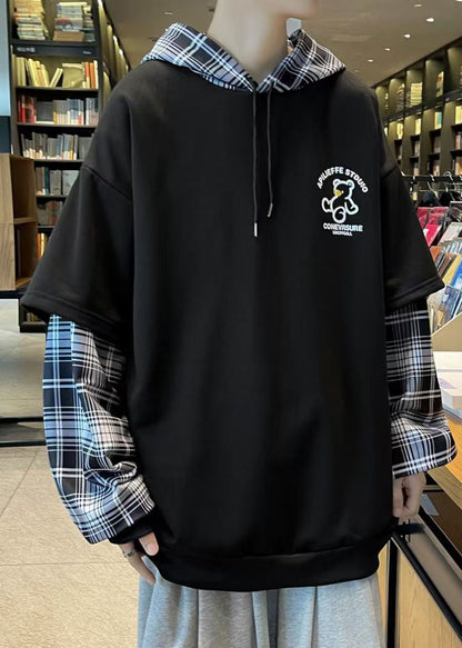 Spring Sweatshirts Patchwork Hooded Stylish Mens Cotton Black