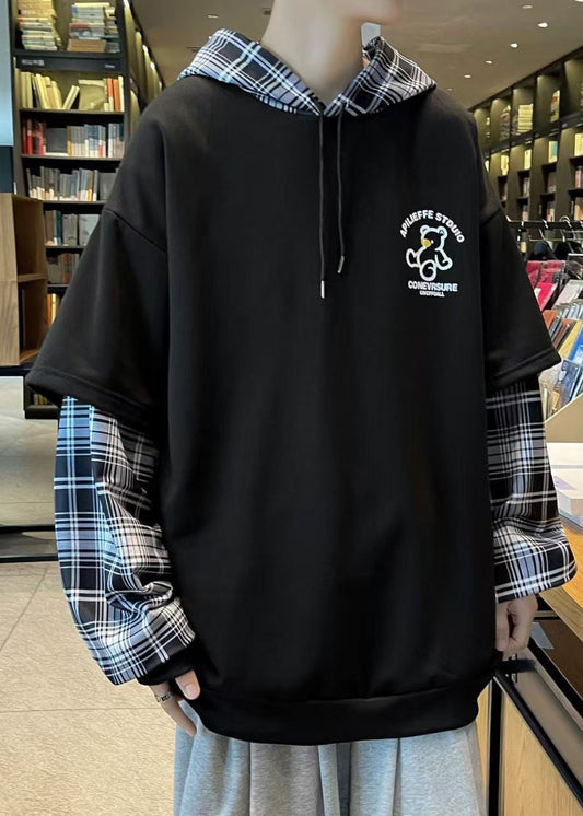 Spring Sweatshirts Patchwork Hooded Stylish Mens Cotton Black