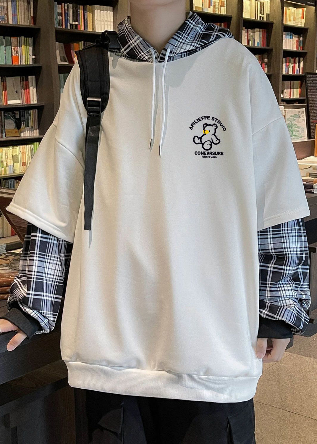 Spring Sweatshirts Patchwork Hooded Stylish Mens Cotton Black