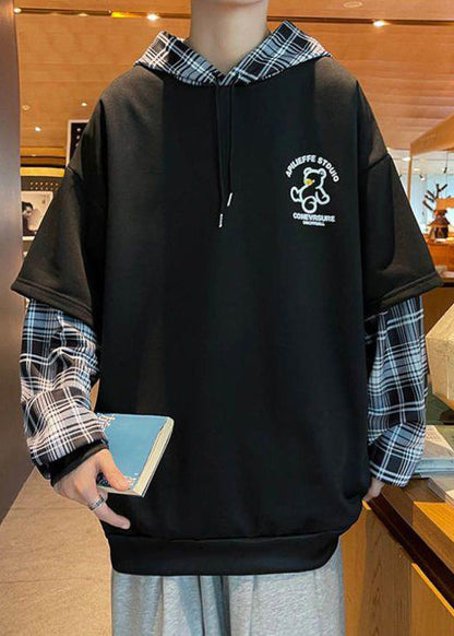 Spring Sweatshirts Patchwork Hooded Stylish Mens Cotton Black