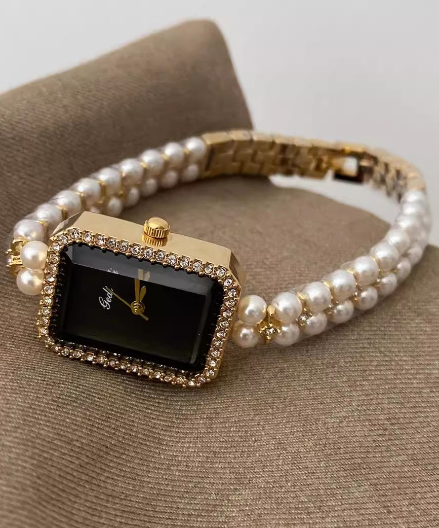 Stylish Black Metal Square Chain Pearl Watch YI049