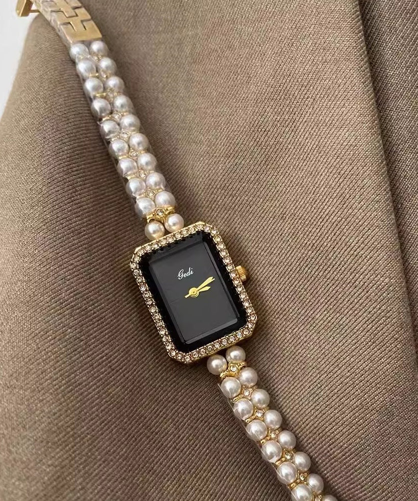Stylish Black Metal Square Chain Pearl Watch YI049