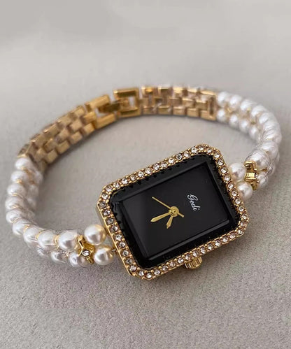 Stylish Black Metal Square Chain Pearl Watch YI049