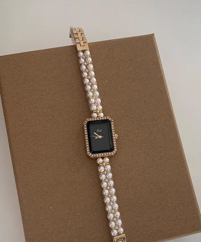 Stylish Black Metal Square Chain Pearl Watch YI049