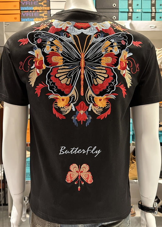 Summer Mens Embroideried Black T O-Neck Stylish Shirt