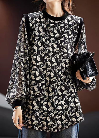 Stylish Black Fall Print Blouse Chiffon O Neck