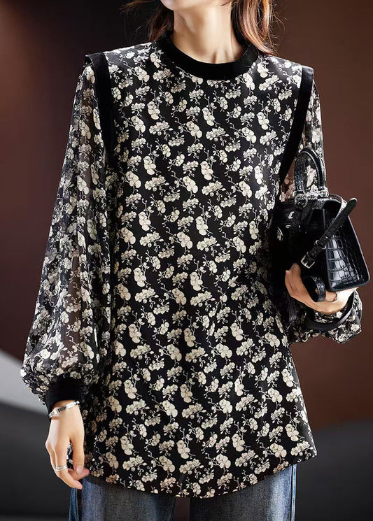 Stylish Black Fall Print Blouse Chiffon O Neck