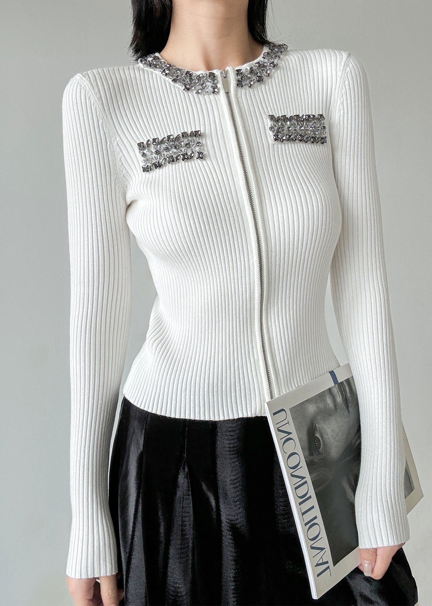 Stylish Black O-Neck Zip Up Zircon Wool Cardigans Spring TY003