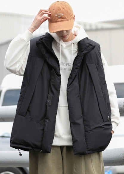 Stylish Black Oversized Drawstring Fine Cotton Filled Men Puffer Vests Winter TK023