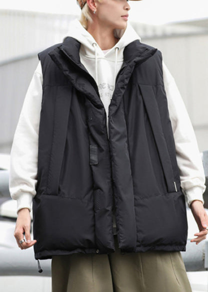 Stylish Black Oversized Drawstring Fine Cotton Filled Men Puffer Vests Winter TK023