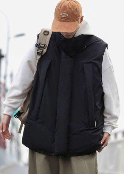 Stylish Black Oversized Drawstring Fine Cotton Filled Men Puffer Vests Winter TK023