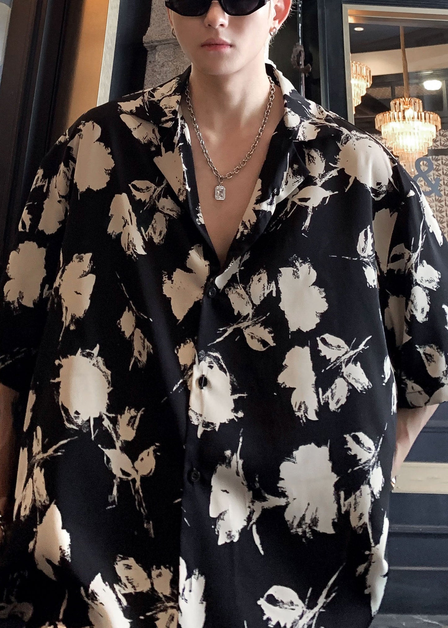 Black Stylish Men Pan Button Cotton Peter Collar Shirts Print