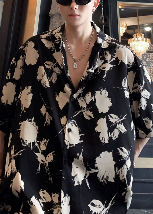 Black Stylish Men Pan Button Cotton Peter Collar Shirts Print