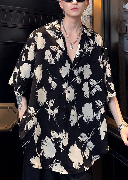 Black Stylish Men Pan Button Cotton Peter Collar Shirts Print