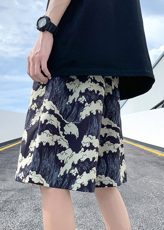 Summer Black Men Ice Stylish Print Silk Elastic Waist Shorts