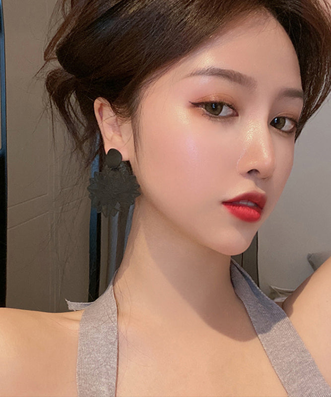 Stylish Black Sterling Silver Alloy Hollow Out Floral Drop Earrings WH002