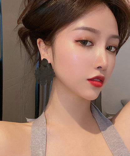 Stylish Black Sterling Silver Alloy Hollow Out Floral Drop Earrings WH002