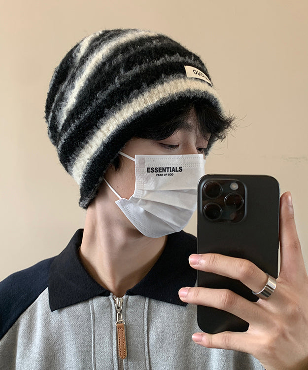 Stylish Black Striped Cotton Knit Men Bonnie Hat TK032