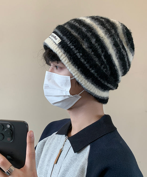 Stylish Black Striped Cotton Knit Men Bonnie Hat TK032