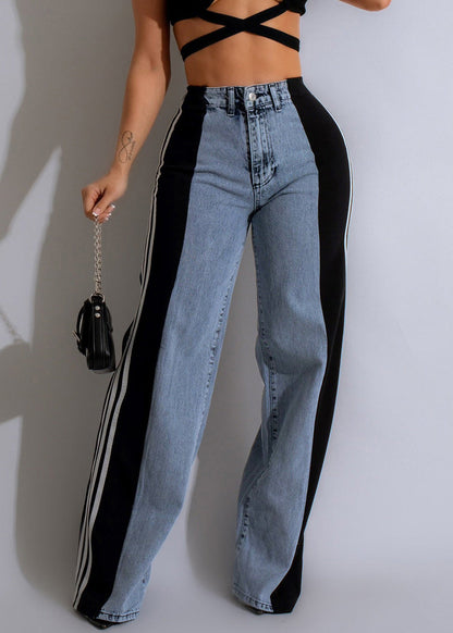 Striped Pants Black Stylish Denim Spring Patchwork