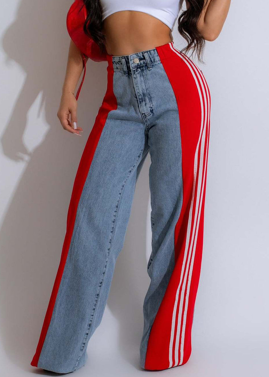 Striped Pants Black Stylish Denim Spring Patchwork