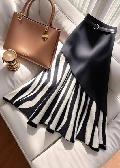 Stylish Black Zebra Pattern High Waist Patchwork Skirt Spring YJ010