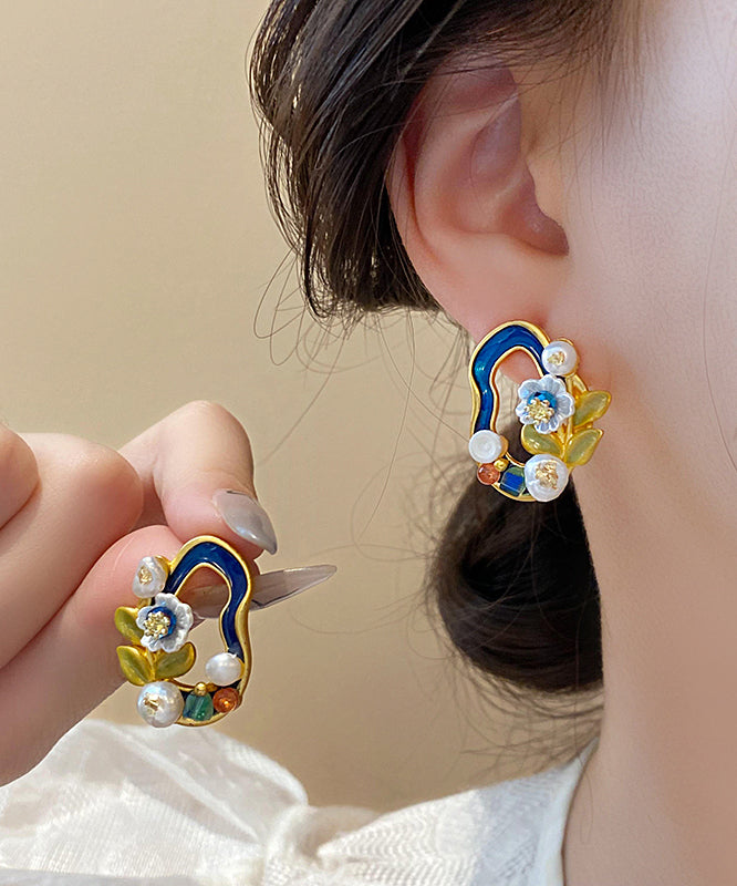 Floral Pearl Blackish Stylish Stud Earrings Overgild Copper Green