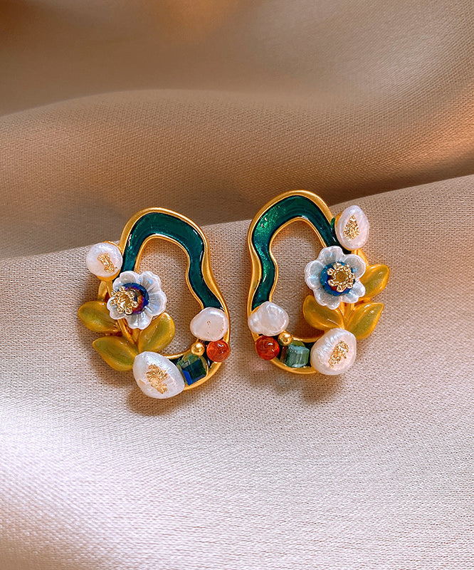 Floral Pearl Blackish Stylish Stud Earrings Overgild Copper Green