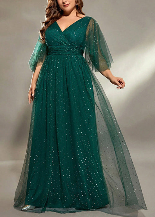 V Dresses Long Green Blackish Sequins Stylish Half Tulle Neck